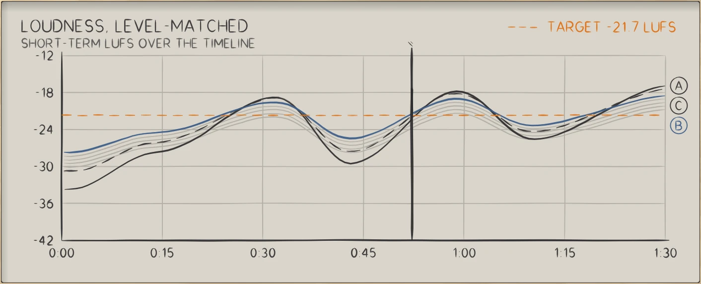 LEVEL: Loudness of four sources over the timeline, level-matched. In a test this chart is hidden.