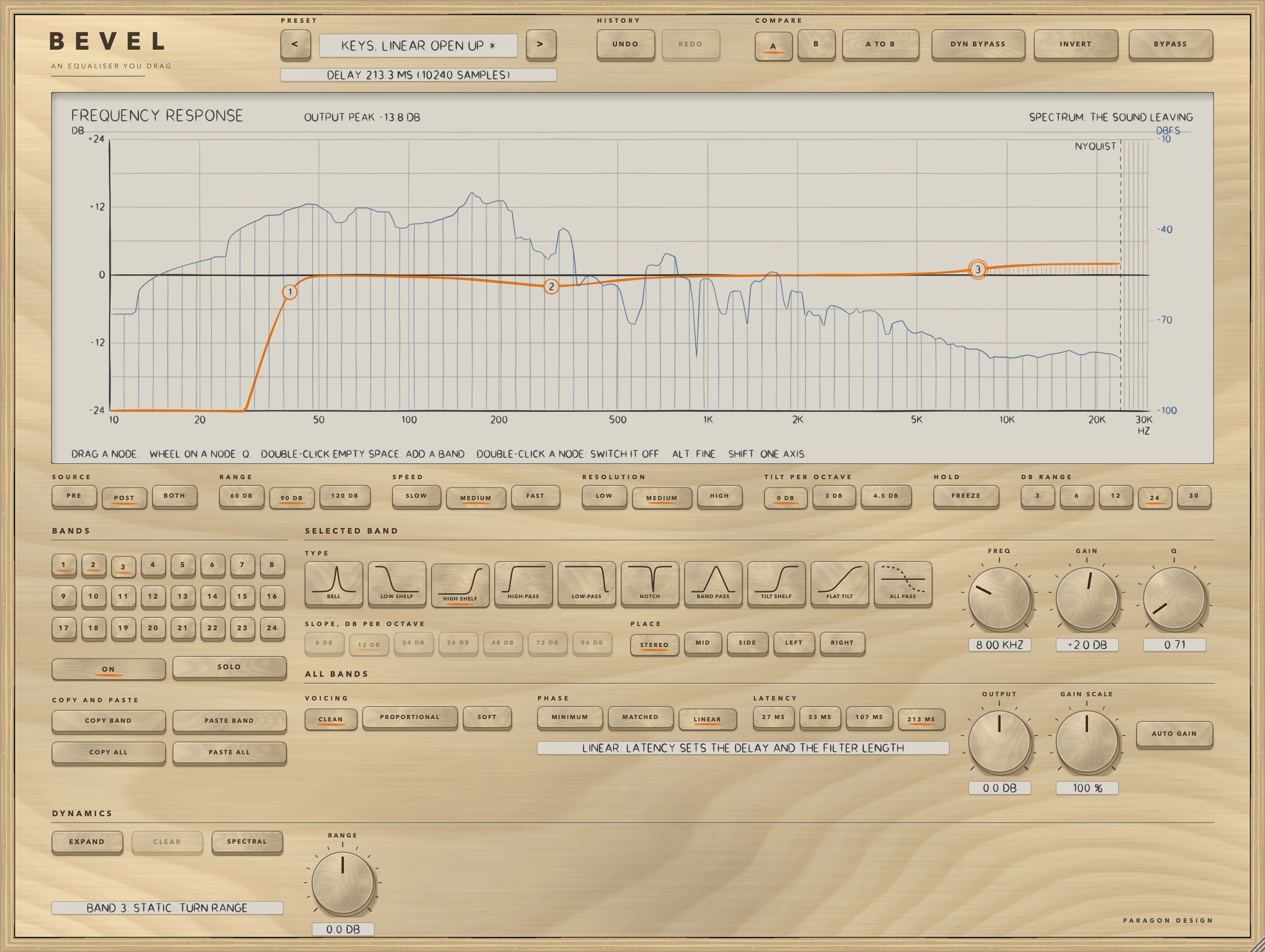 BEVEL: LINEAR with LATENCY 213 MS on Keys, Linear Open Up: the delay, 213.3 ms (10240 samples), is written under the preset name and the four LATENCY keys are live