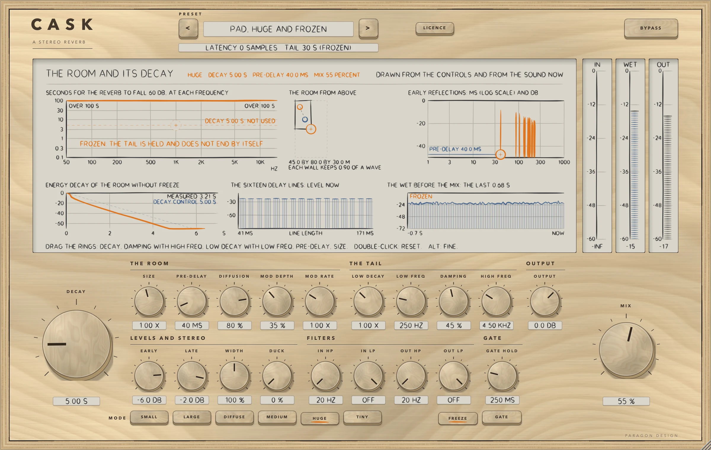 CASK: FREEZE on, holding what the noise left in the reverb, with a tail told to the host of 30 s