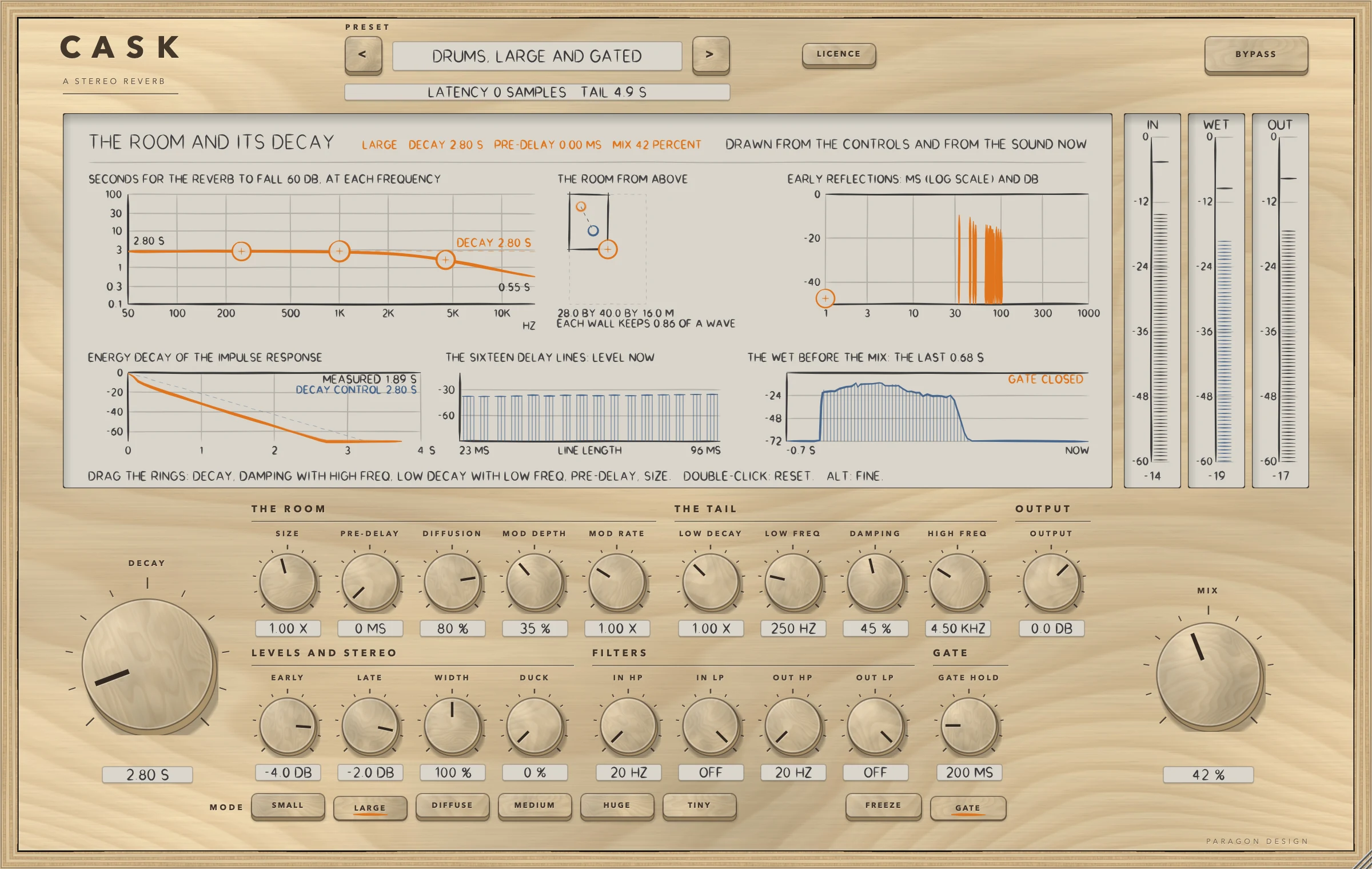 CASK: A gated drum preset after a burst: GATE closed, the reverb cut off
