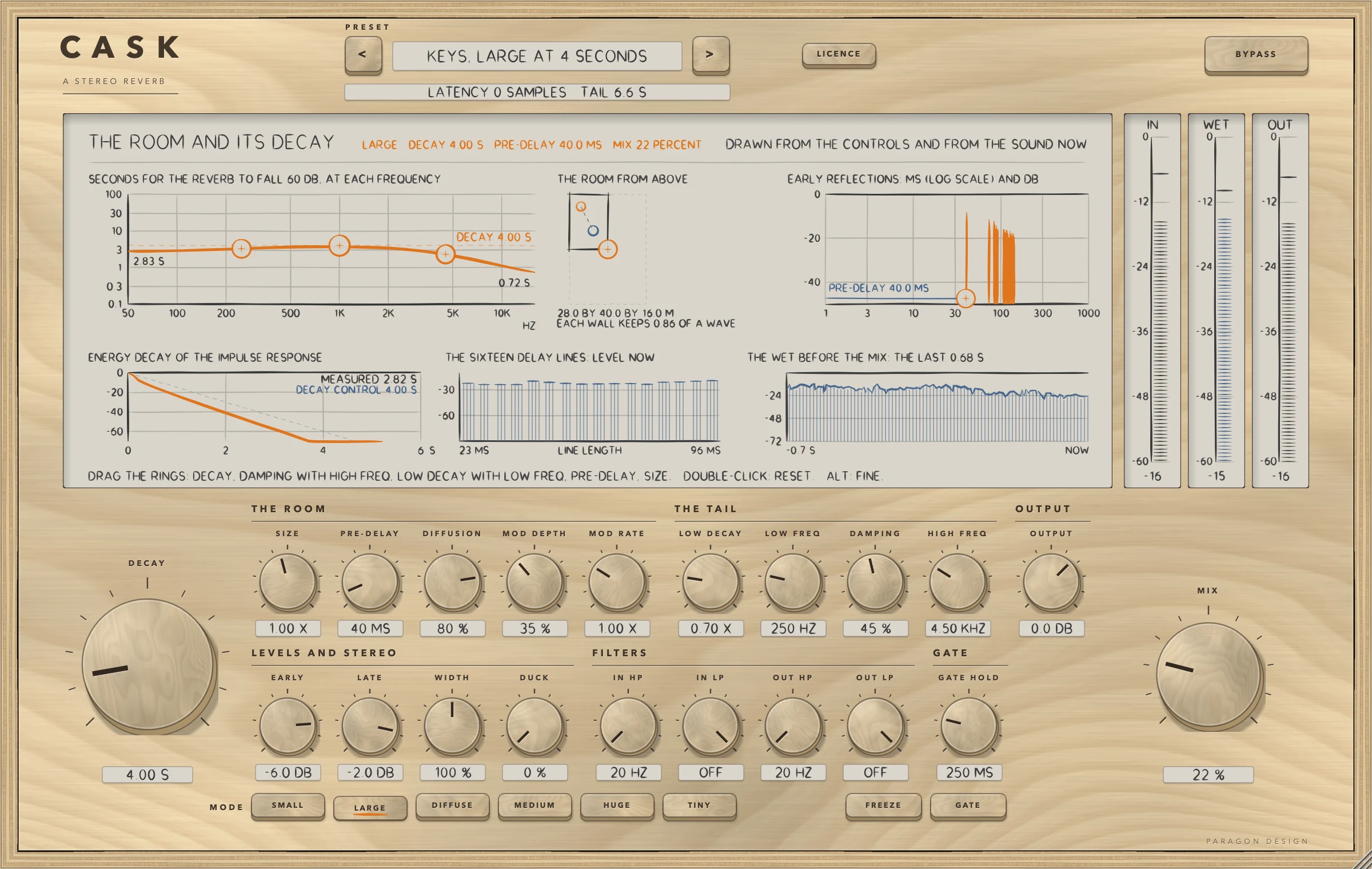CASK: The LARGE mode: a box of 28 by 40 by 16 m, delay lines from 23 to 96 ms