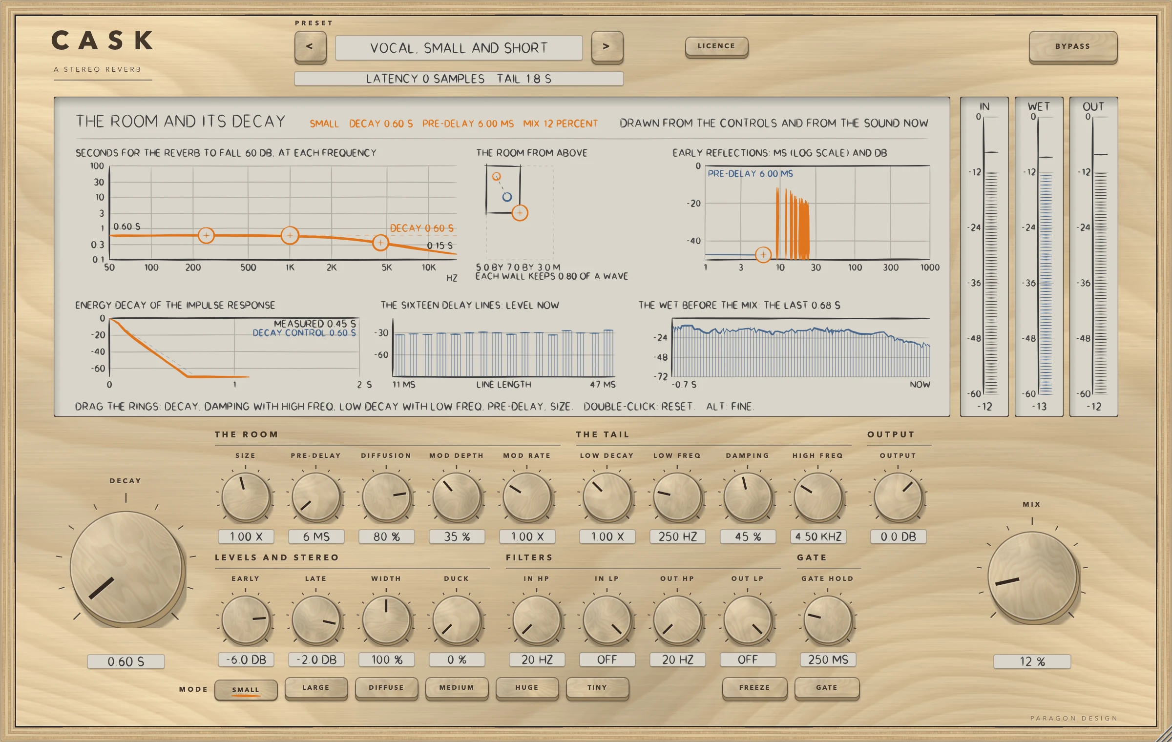 CASK: The SMALL mode: a box of 5 by 7 by 3 m, delay lines from 11 to 47 ms
