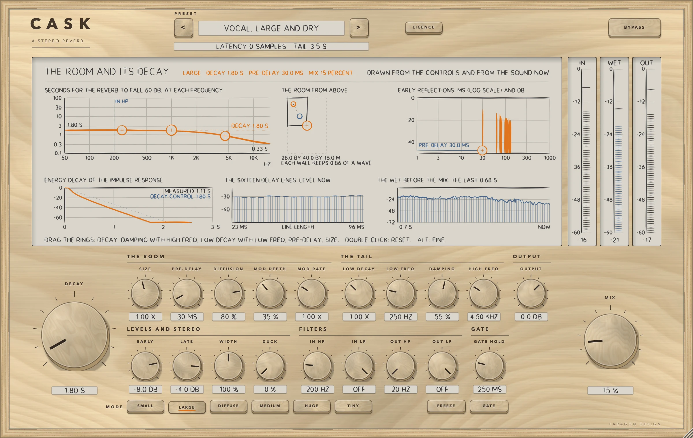 CASK: A vocal preset with the voice just after a phrase: the decay at every frequency, the room, the early reflections, the energy decay, the sixteen delay lines and the wet, with the meters