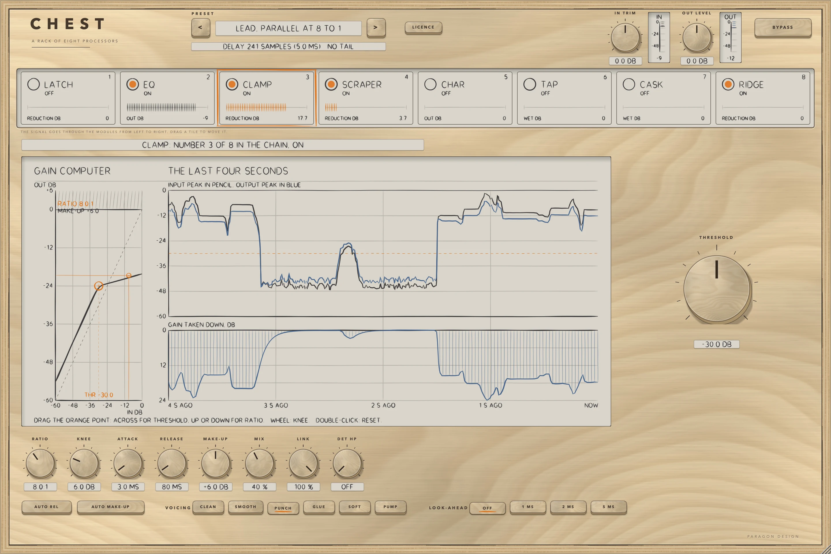 CHEST: CLAMP selected: the PUNCH voicing at 8 to 1, with 40 percent compressed