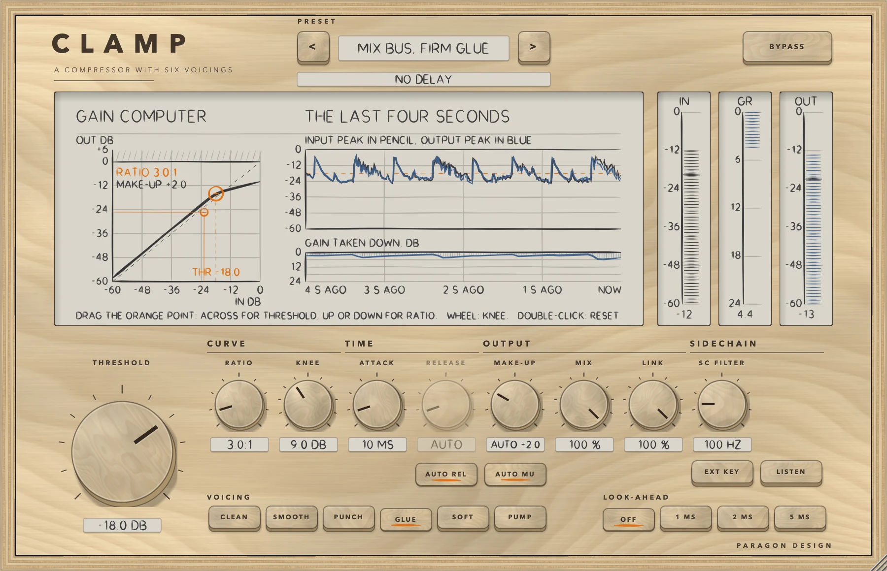 CLAMP: A programme through the Mix Bus, Firm Glue preset, GLUE with AUTO REL