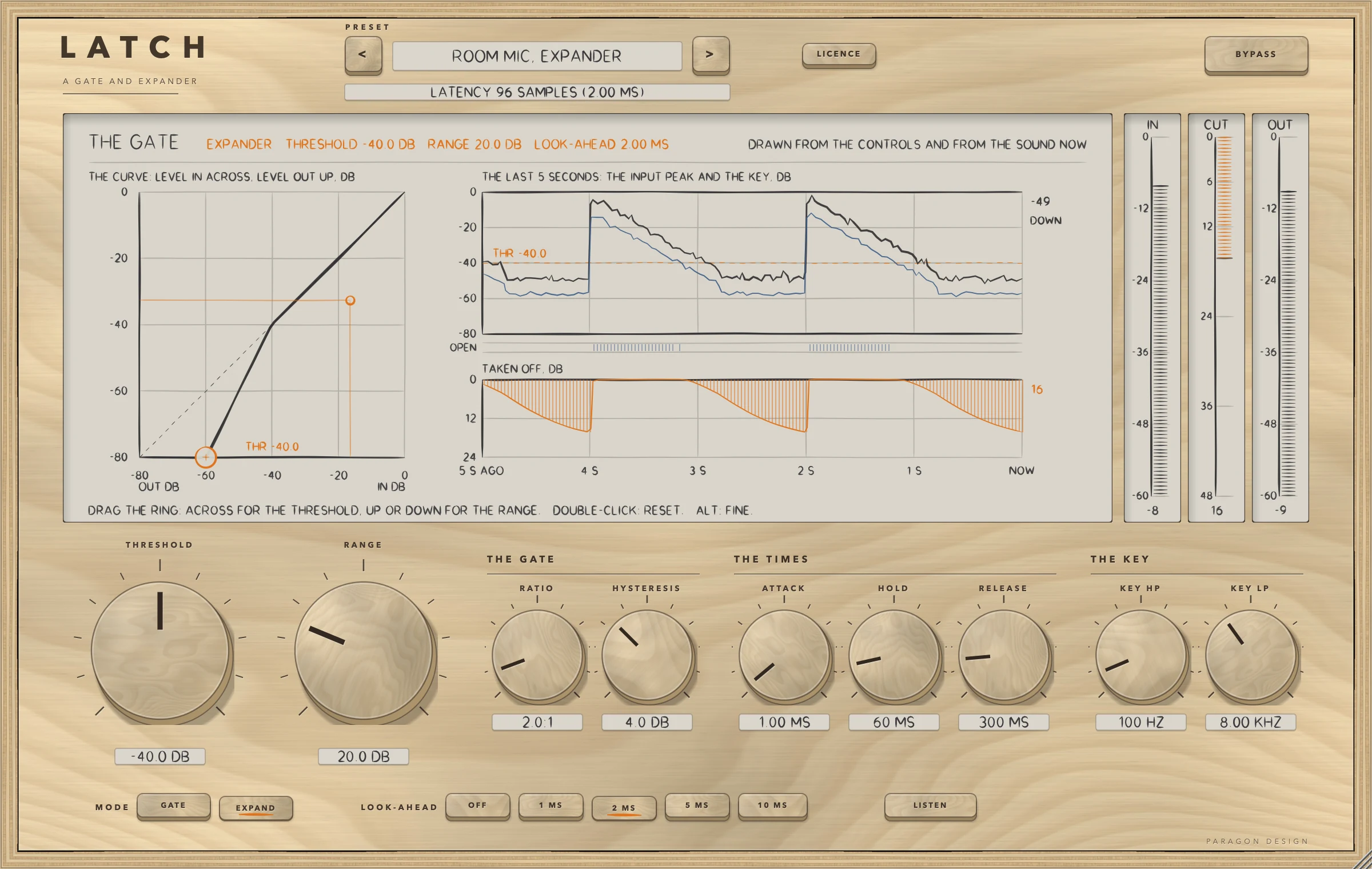 LATCH: Room Mic, Expander on falling bursts: the expander's curve, with the ring at its foot
