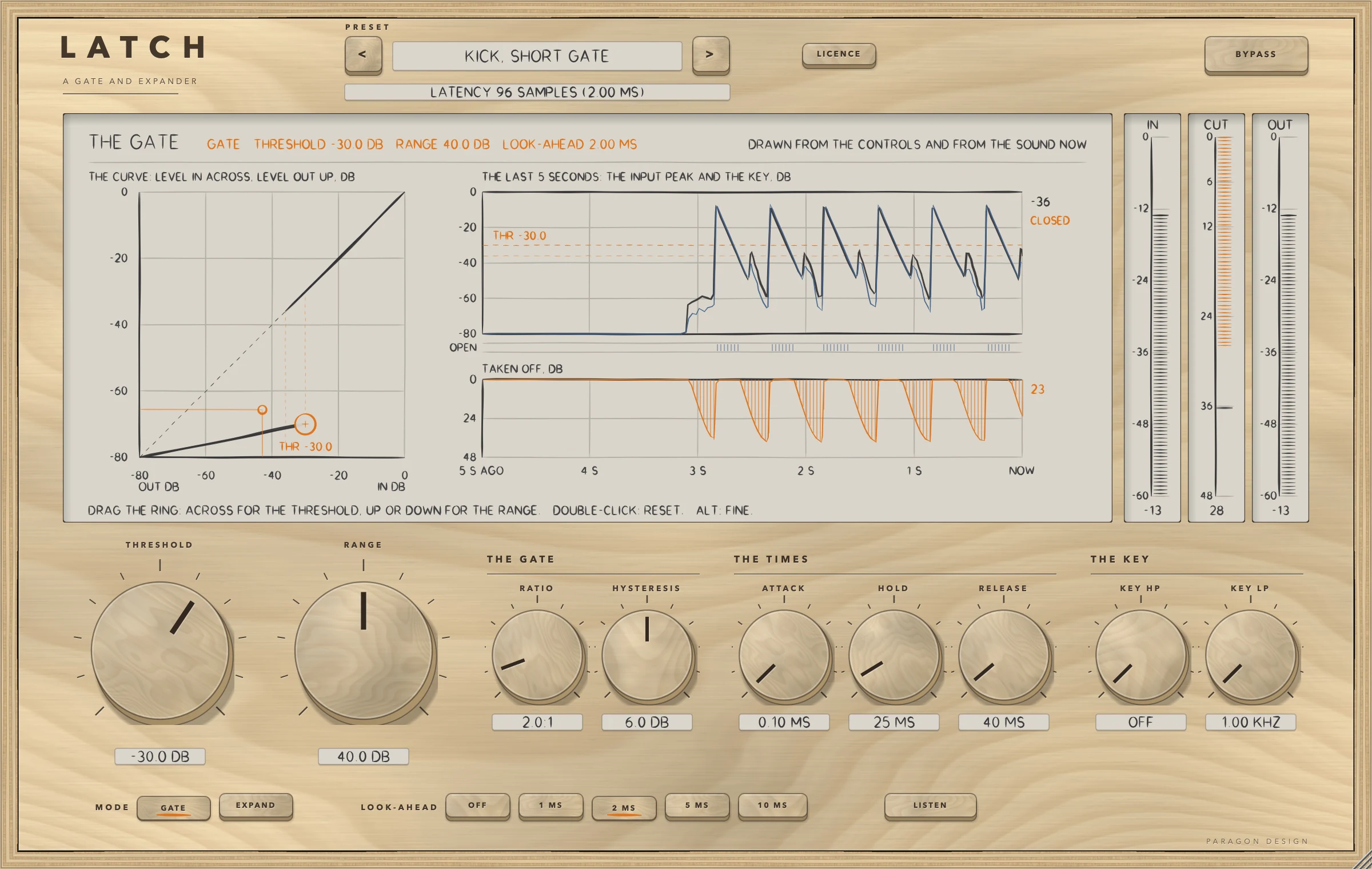 LATCH: Kick, Short Gate on a train of kicks: a GATE with 40 dB of RANGE and a look-ahead of 2 ms