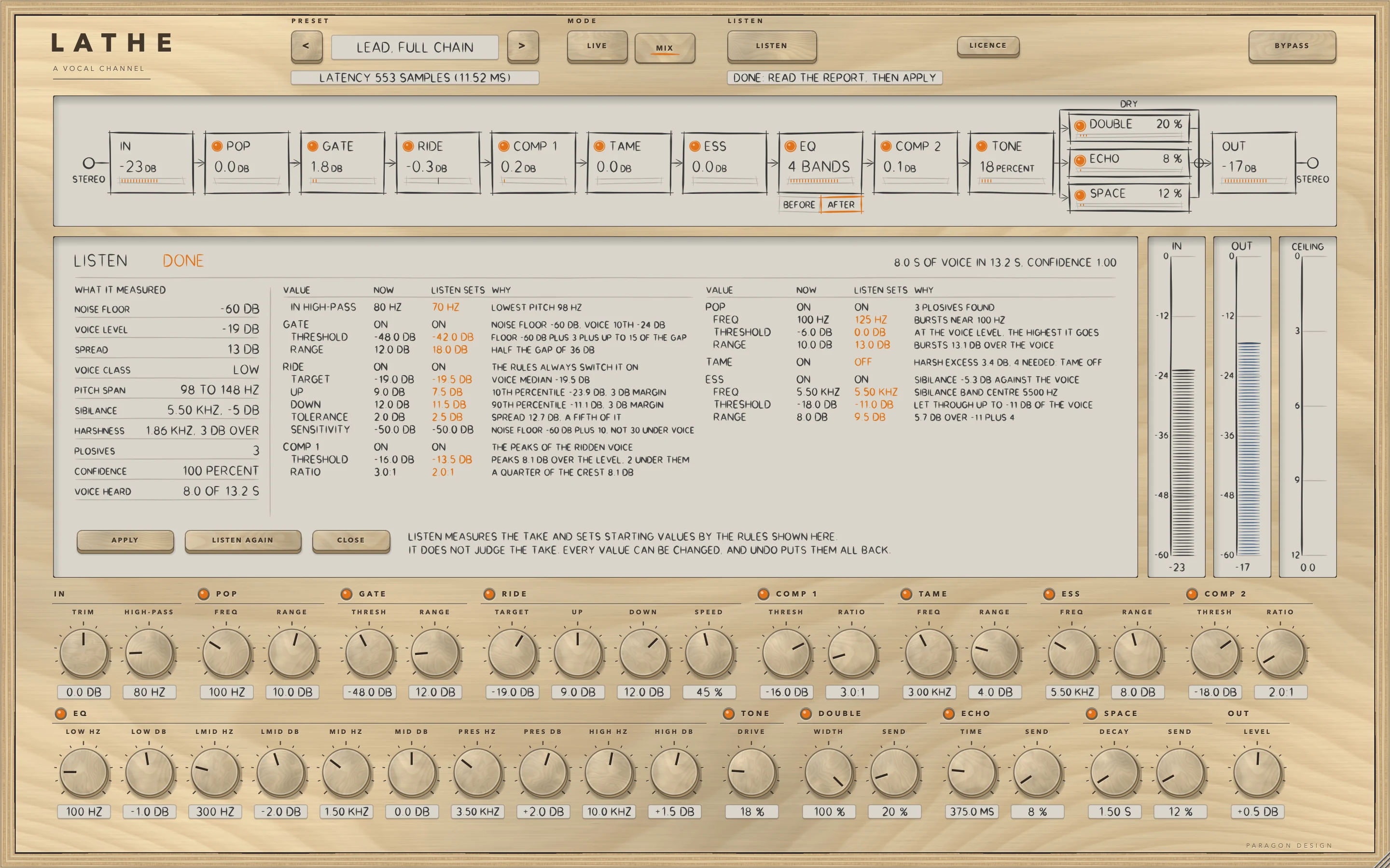 LATHE: LISTEN after a take: what it measured, and the values it would set, each with its reason