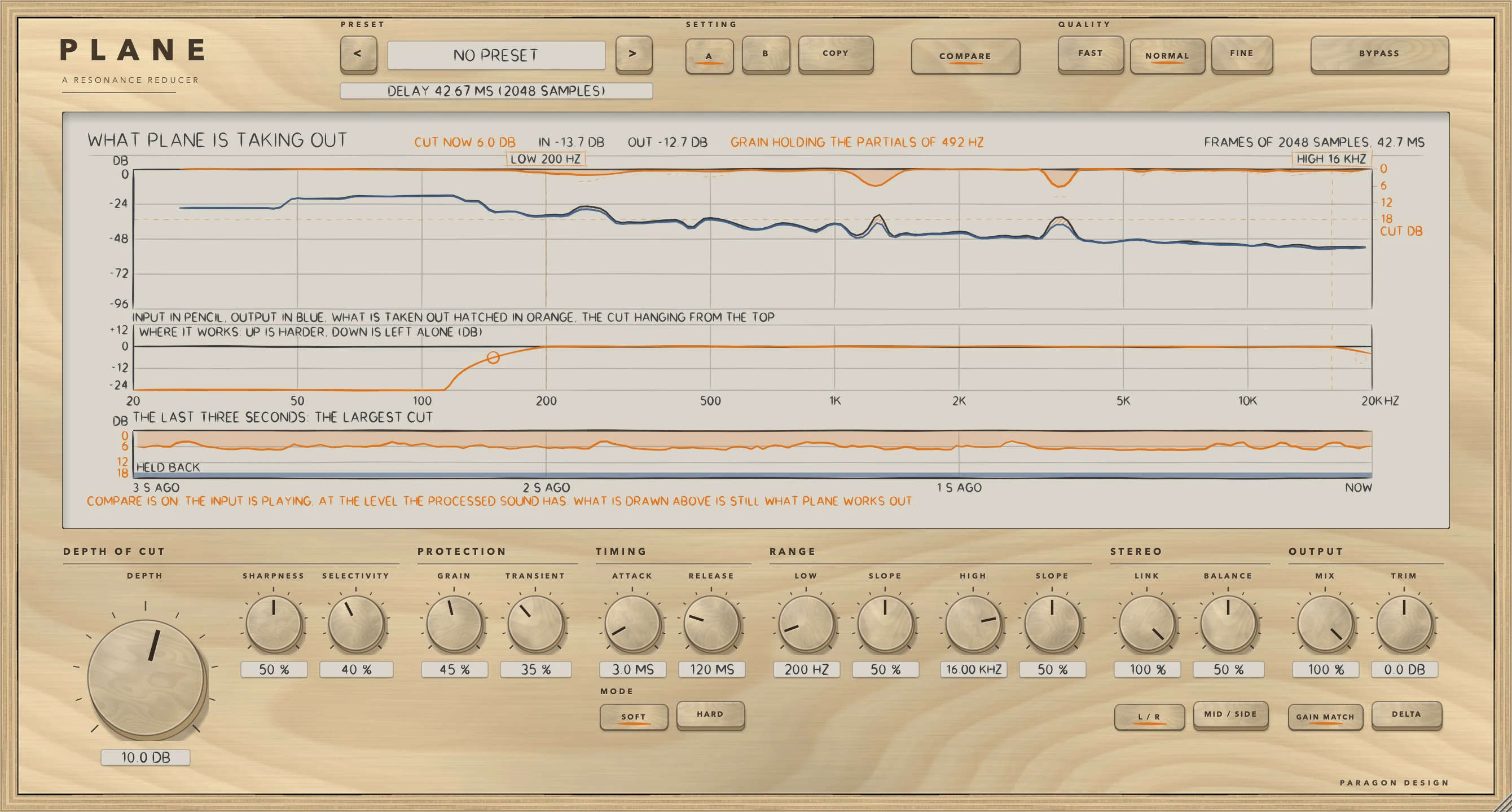 PLANE: COMPARE and GAIN MATCH on: the input, delayed and at the level the processed path is running at