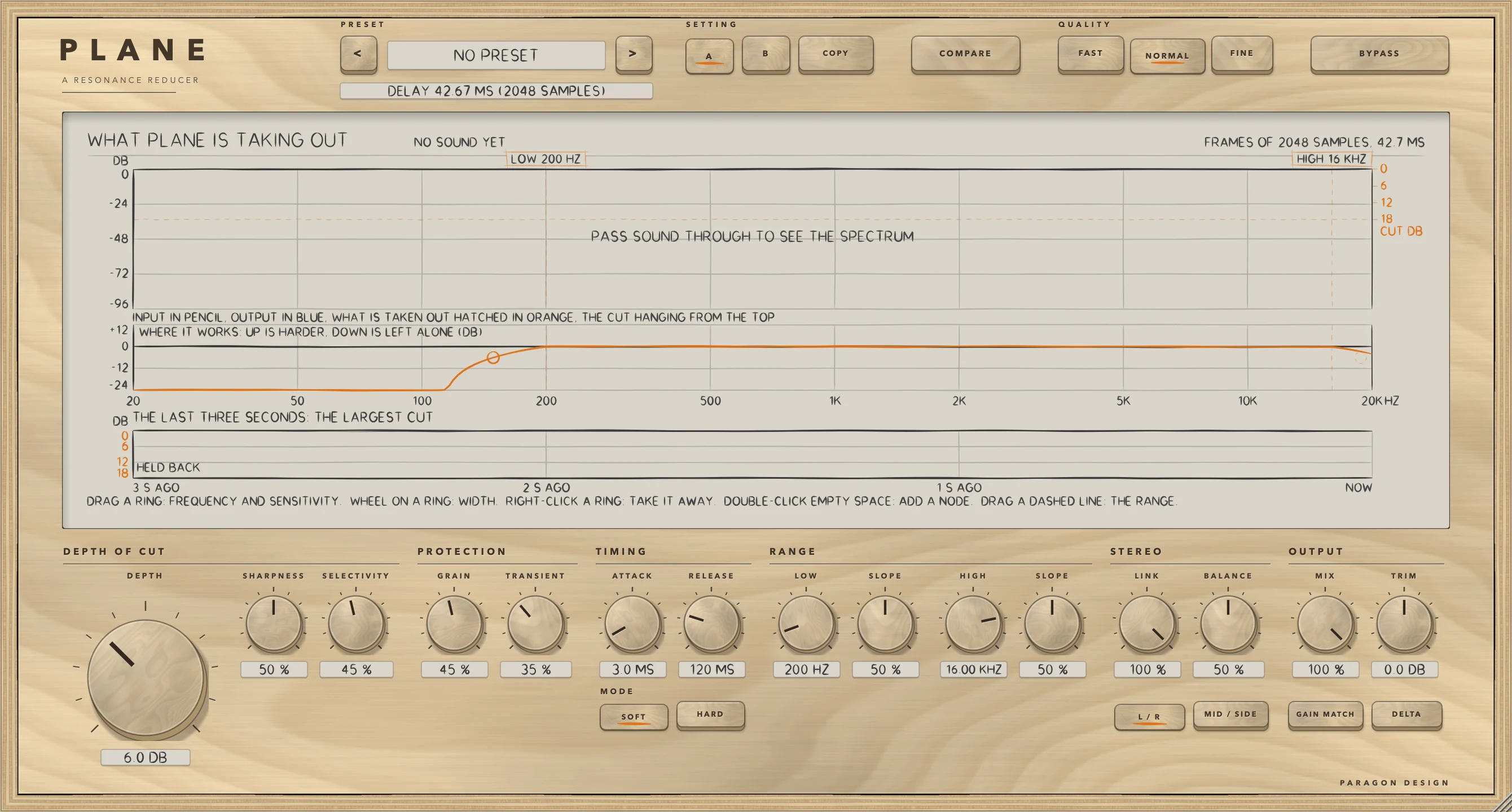 PLANE: The plug-in's own state: DEPTH 6 dB, nothing played