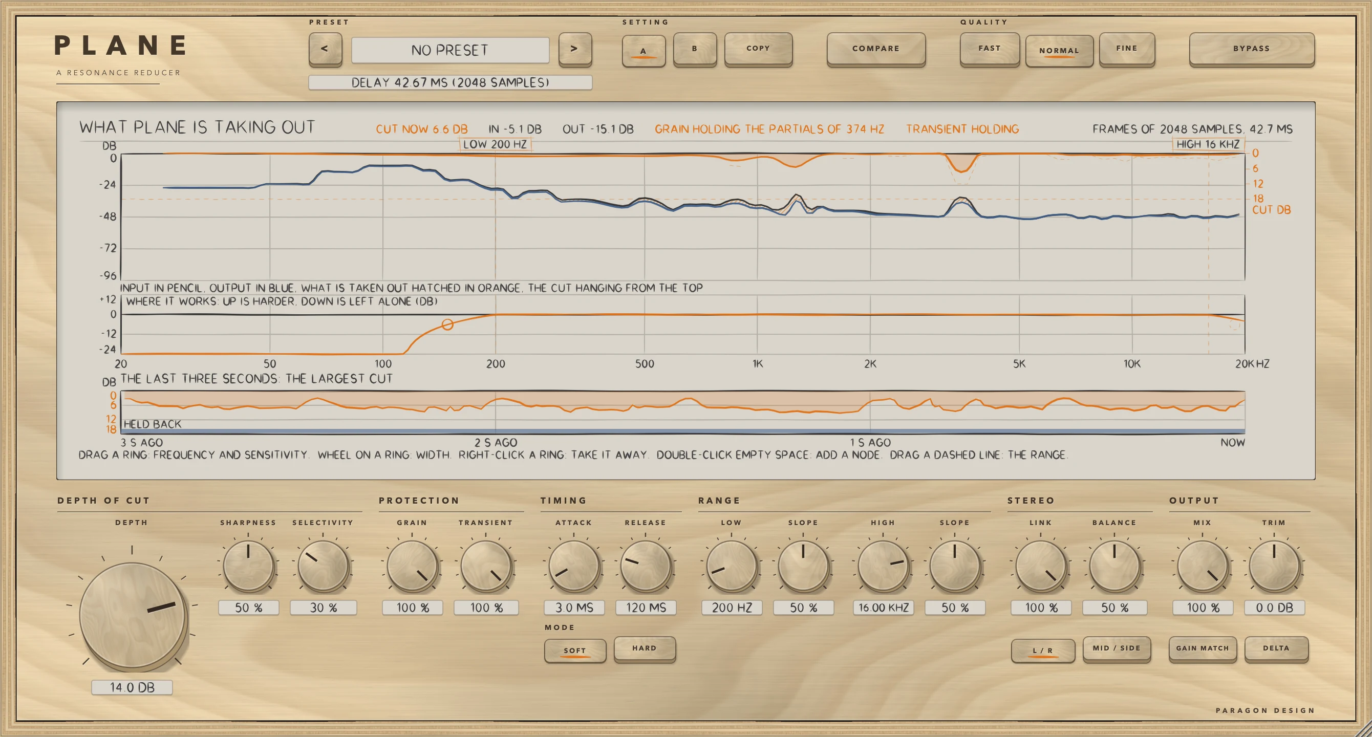 PLANE: GRAIN and TRANSIENT at 100 with DEPTH 14 dB: the cut held off the partials of a chord (GRAIN HOLDING THE PARTIALS OF 374 HZ) and off the front of the hits (TRANSIENT HOLDING)
