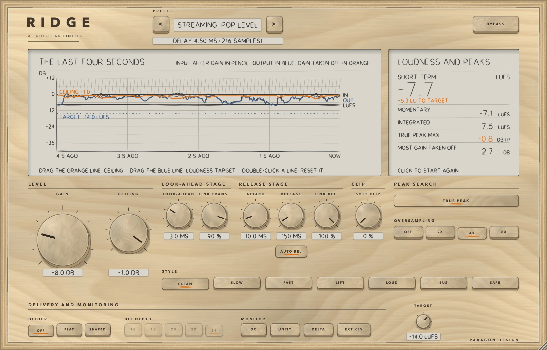 RIDGE: Streaming, Pop Level on a voice, a pad and drums: GAIN 8 dB into a -1 dB ceiling