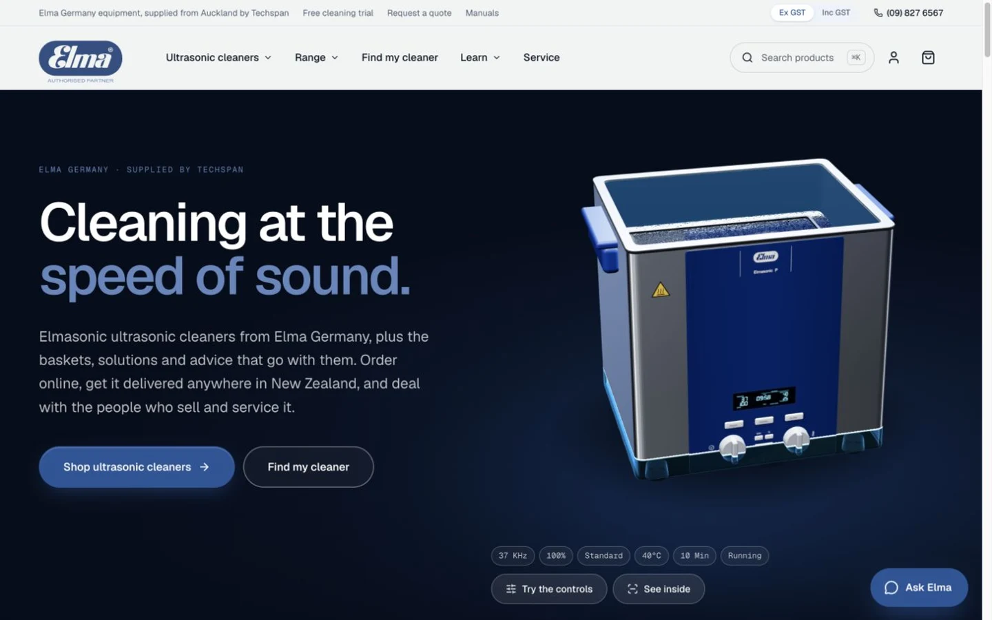 Elma Ultrasonics NZ homepage with its interactive Elmasonic cleaner model